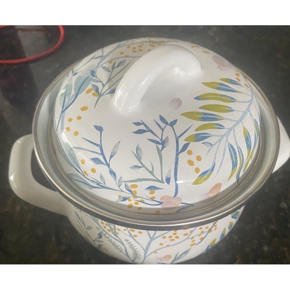 Crofton 1 Quart Mini Casserole Dish Porcelain Enamel Lemons & Leaves Pattern